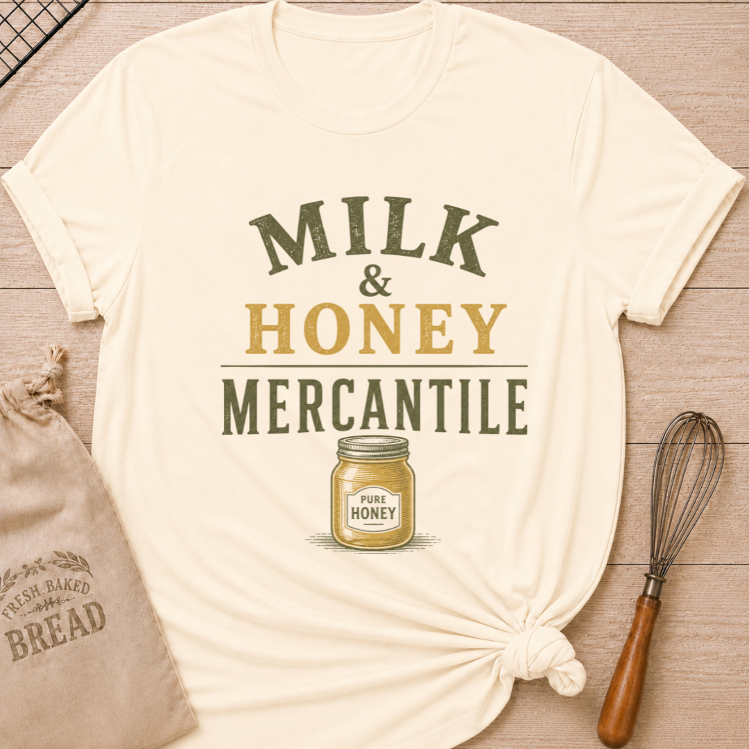 Natural Milk and Honey Mercantile women's relaxed fit tee with vintage lettering and a classic jar of pure honey