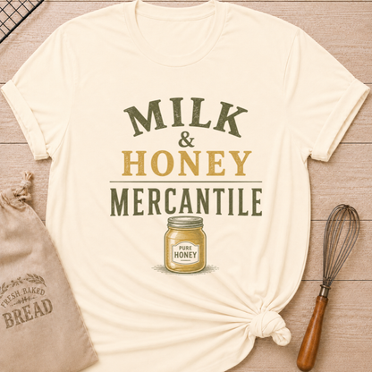 Natural Milk and Honey Mercantile women's relaxed fit tee with vintage lettering and a classic jar of pure honey