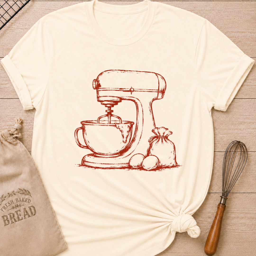 Natural women's relaxed fit t-shirt with a vintage stand mixer, a flour sack and fresh eggs in a single color sketch.