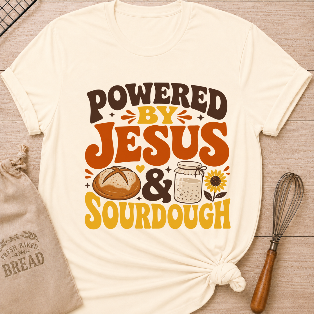 A cream-colored graphic t-shirt with a 'Powered by Jesus & Sourdough' design, styled in a flat-lay on a wooden surface with a bread bag, whisk, and wooden board. graphic t-shirt laid flat on a light wood background, styled with a bread bag, whisk, and baking paper. The t-shirt features a graphic that reads 'POWERED BY JESUS & SOURDOUGH' in brown and orange lettering, accompanied by illustrations of a sourdough bread loaf, a mason jar of dough, and a sunflower.