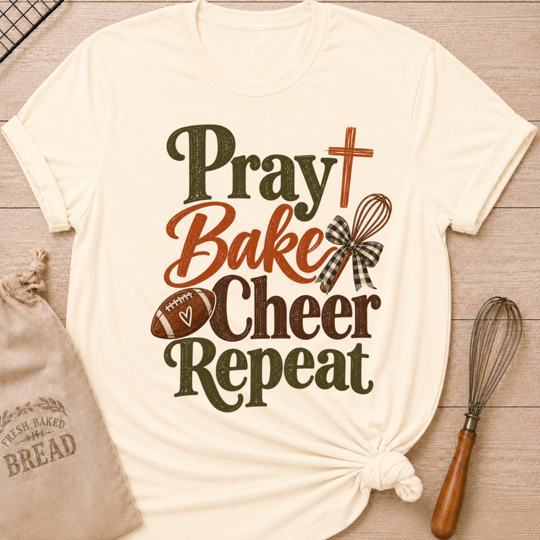 Natural women's relaxed fit tee with bold vintage Pray Bake Cheer Repeat lettering, a football, whisk, cross and gingham bow in warm autumn tones