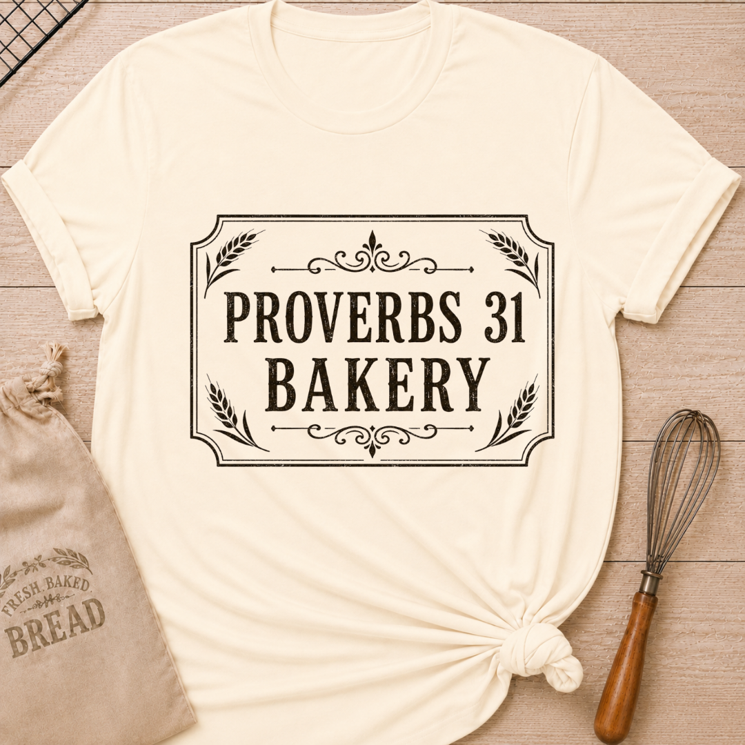 Natural women's relaxed fit t-shirt with Proverbs 31 Bakery in classic lettering framed by wheat and ornamental details.