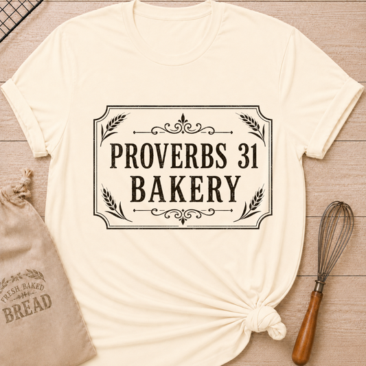 Natural women's relaxed fit t-shirt with Proverbs 31 Bakery in classic lettering framed by wheat and ornamental details.