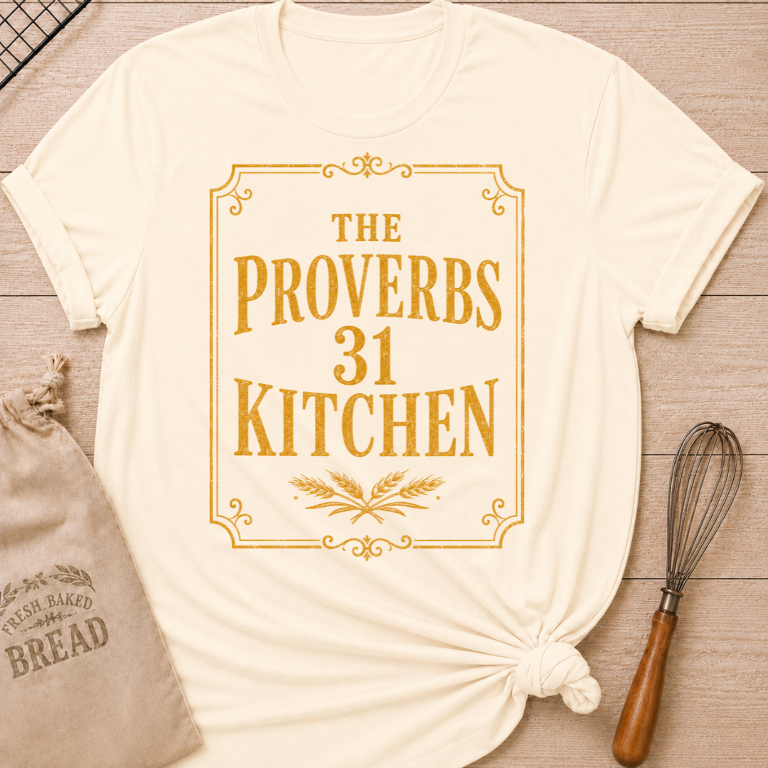 Natural women's relaxed fit t-shirt with the words The Proverbs 31 Kitchen in bold vintage lettering with wheat details in an old-fashioned bakery sign style.