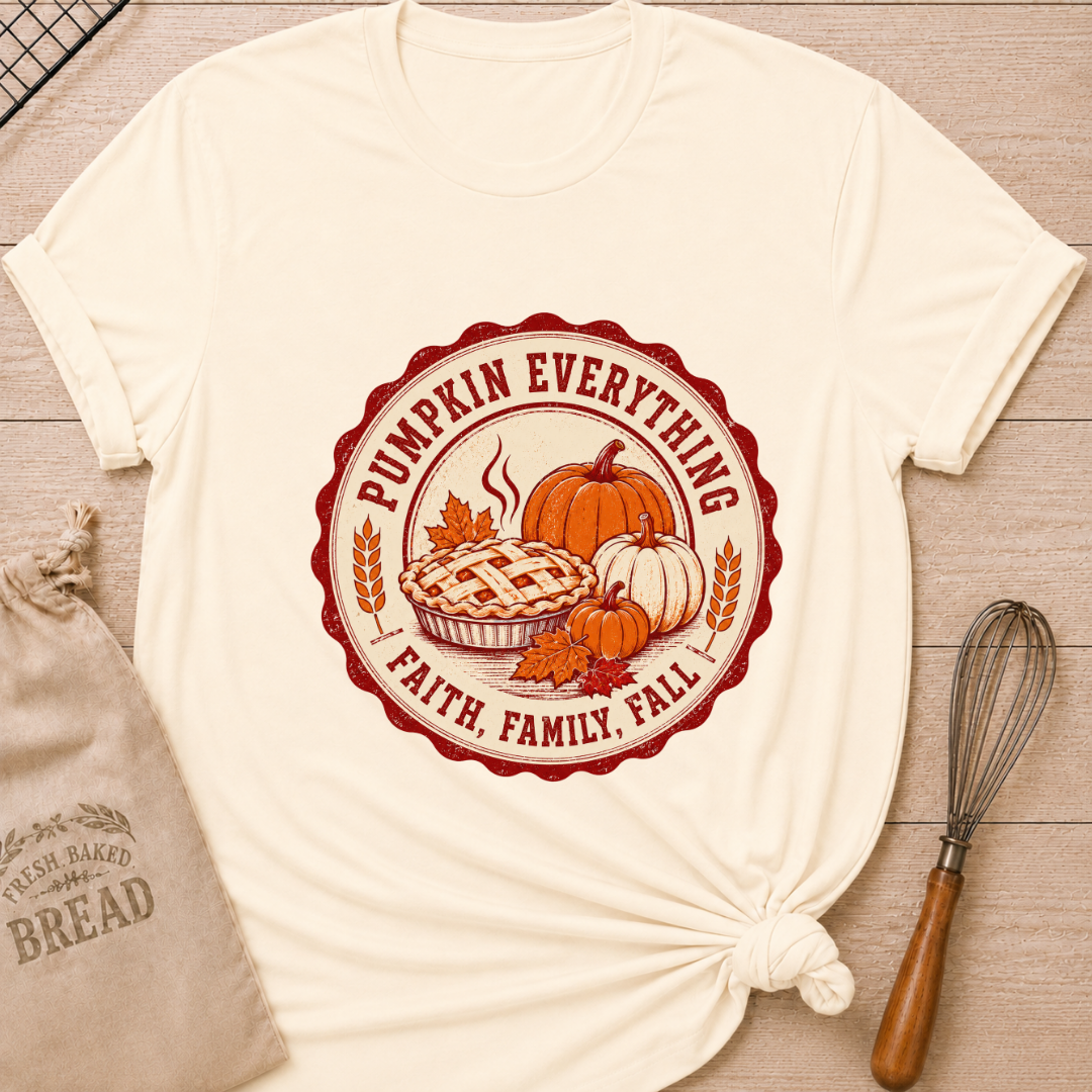 Natural women's relaxed fit tee with a steaming lattice pie surrounded by pumpkins, autumn leaves and wheat in a vintage harvest badge, with Pumpkin Everything and Faith, Family, Fall lettering