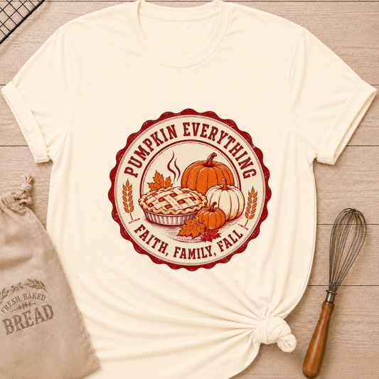 Natural women's relaxed fit tee with a steaming lattice pie surrounded by pumpkins, autumn leaves and wheat in a vintage harvest badge, with Pumpkin Everything and Faith, Family, Fall lettering