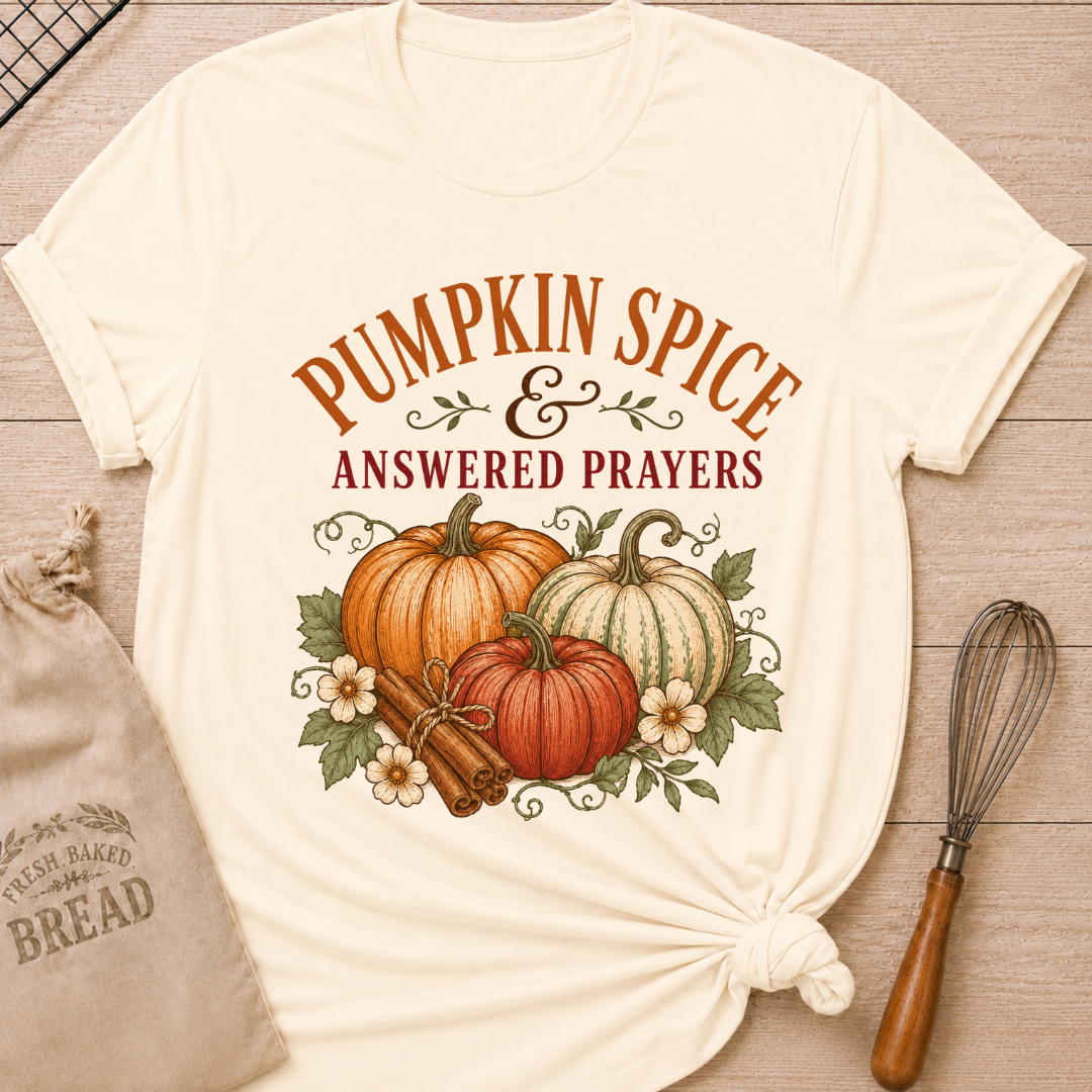 Natural women's relaxed fit tee with vintage Pumpkins and Prayers lettering, a pumpkin arrangement, cinnamon sticks, florals and trailing vines