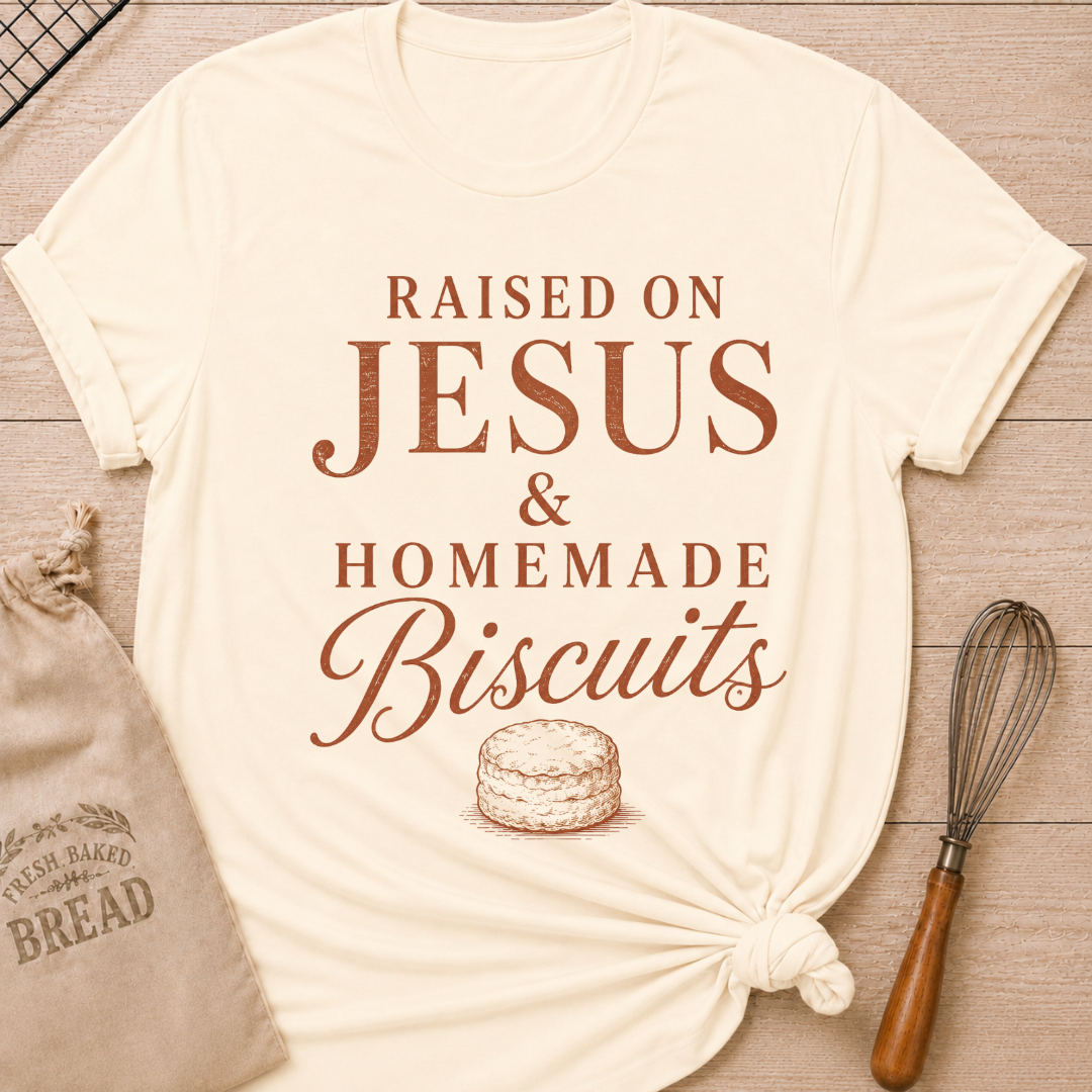 Natural Raised On Jesus and Homemade Biscuits women's relaxed fit tee with warm vintage typography and a classic biscuit