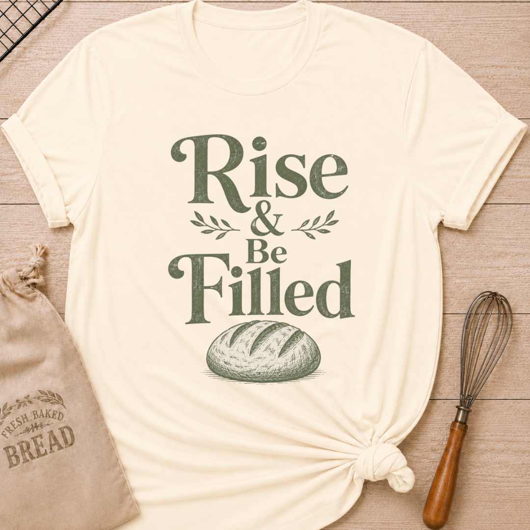 Natural women's relaxed fit t-shirt with the words Rise and Be Filled in vintage lettering above a rustic loaf of bread and leafy accents.