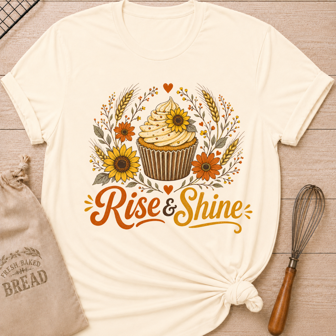 A natural, cream colored graphic t-shirt styled with a knotted hem, laid flat on a light wood background with a drawstring bread bag and a whisk. The shirt features a warm, vintage-inspired illustration of a frosted cupcake surrounded by sunflowers, orange daisy-like flowers, wheat stalks, berry sprigs, and heart accents, with the words "Rise & Shine" written below in bold retro script in orange and golden yellow.