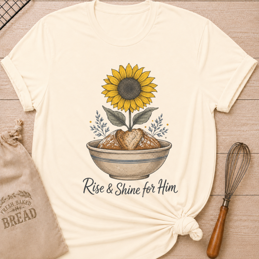 Natural Rise and Shine For Him women's relaxed fit tee with a rustic loaf of bread, a bold sunflower, and vintage farmhouse details