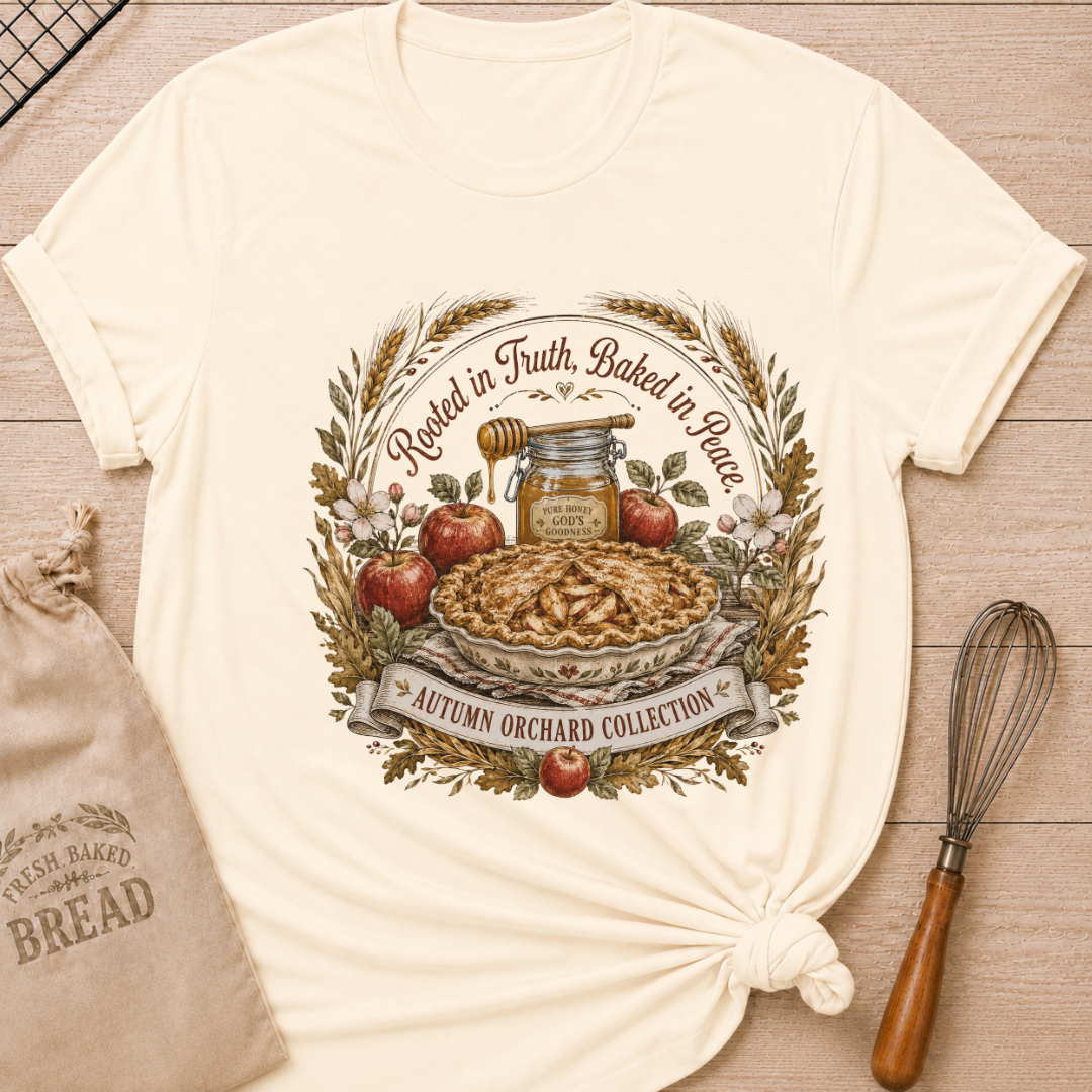 Natural women's relaxed fit tee with Rooted in Truth, Baked in Peace lettering over a rustic apple pie, fresh apples, golden wheat, autumn leaves and a jar of honey in a vintage harvest composition