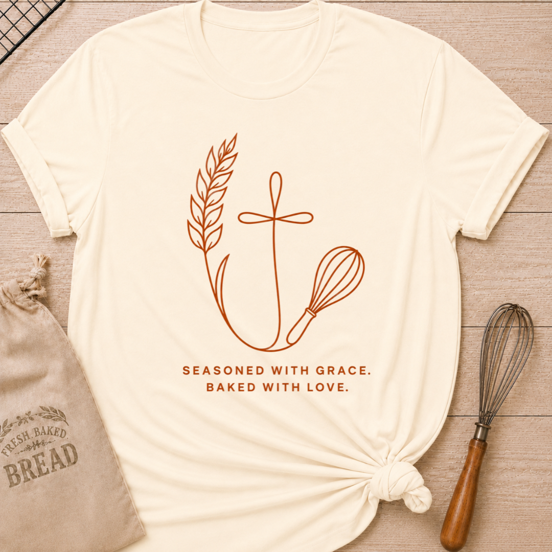 Natural women's relaxed fit t-shirt with the words Seasoned With Grace, Baked With Love in clean line art with wheat, a subtle cross, and a classic whisk.