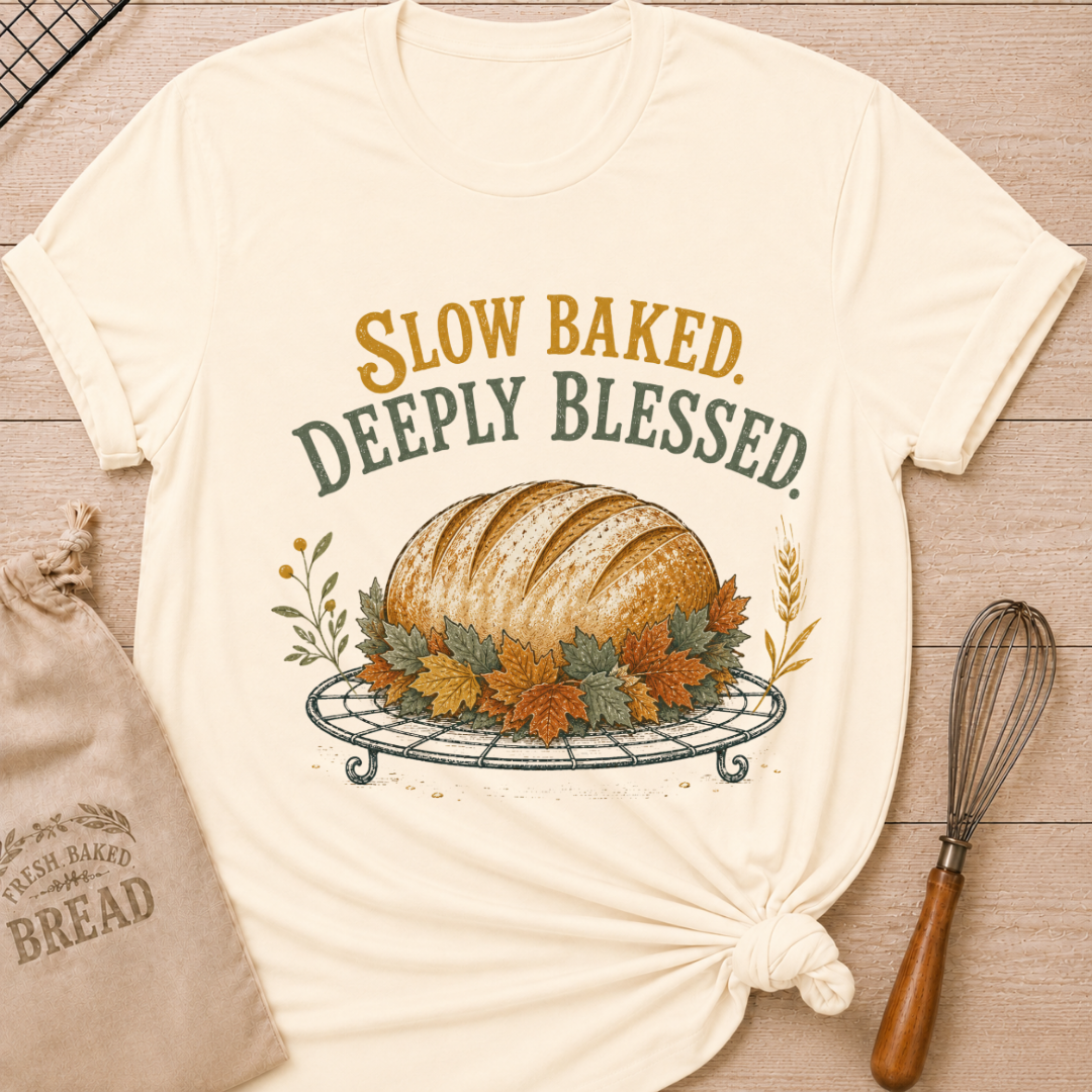 Natural women's relaxed fit tee with Slow Baked Deeply Blessed lettering over a golden artisan loaf resting on a vintage cooling rack, surrounded by richly colored fall leaves and wheat