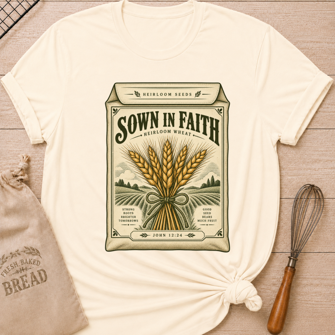 Natural women's relaxed fit tee with a vintage heirloom seed packet design, golden wheat, rolling fields and John 12:24 woven into the artwork beneath Sown in Faith lettering