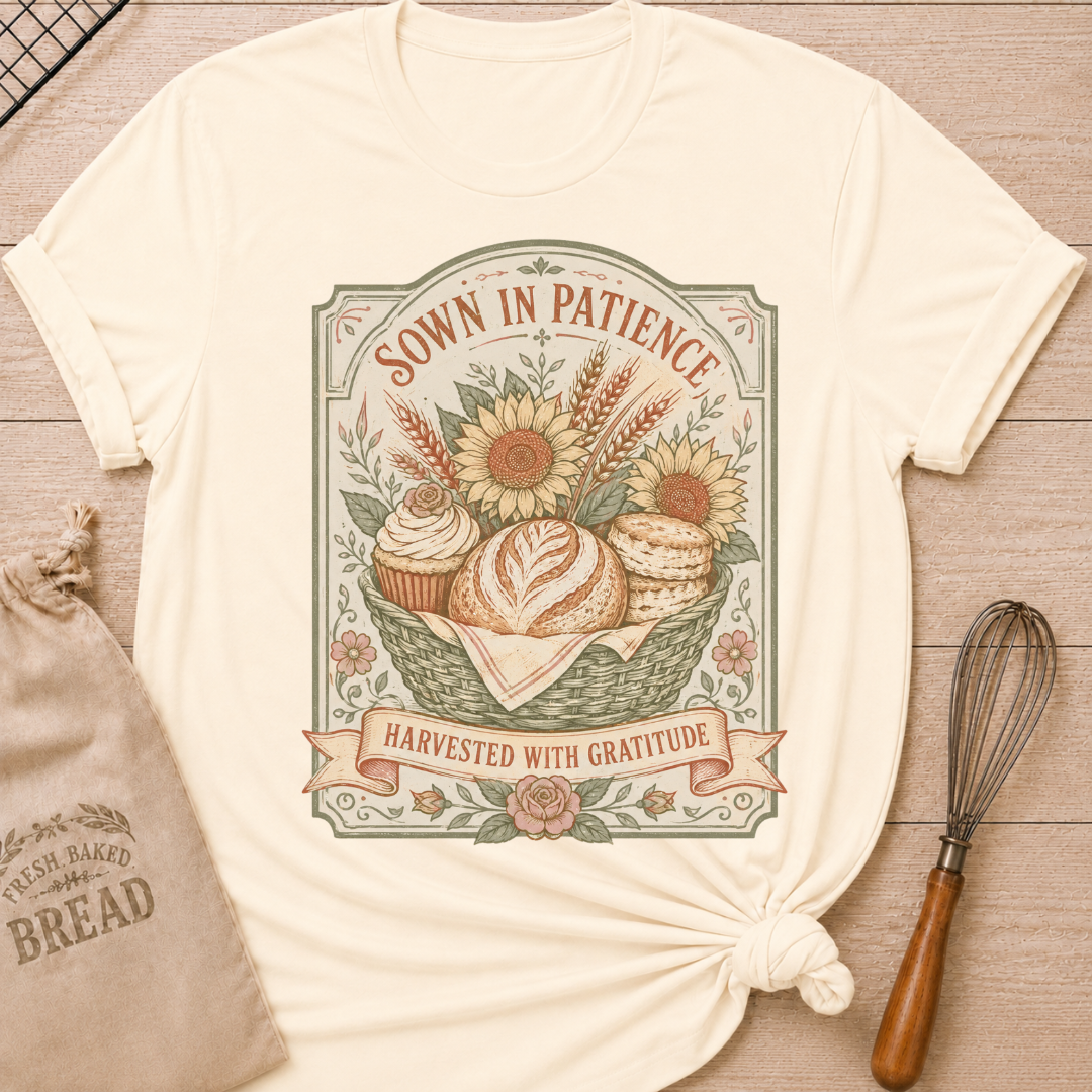 Natural Sown In Patience, Harvested In Gratitude women's relaxed fit tee with a vintage basket of bread, biscuits, cupcakes, sunflowers, and wheat