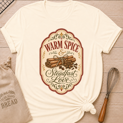Natural women's relaxed fit tee with vintage label styling, cinnamon sticks, star anise and cloves in autumn tones