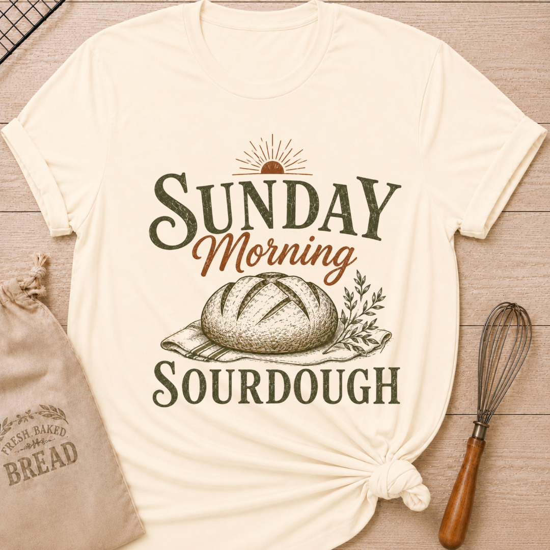 Natural Sunday Morning Sourdough women's relaxed fit tee with a rustic artisan loaf, vintage lettering and a soft rising sun