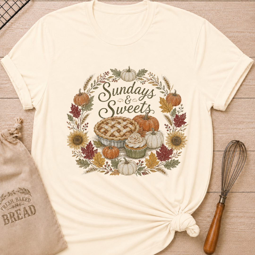 Natural women's relaxed fit tee with Sundays and Sweets lettering in a vintage harvest wreath of pumpkins, sunflowers, wheat and colorful fall leaves around a lattice pie and frosted cupcake