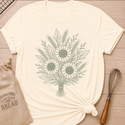 A natural, cream colored graphic t-shirt styled with a knotted hem, laid flat on a light wood background with a drawstring bread bag and a whisk. The shirt features a detailed botanical line art illustration of three sunflowers bundled together with wheat stalks and leafy foliage, tied at the base with twine, all rendered in soft sage green.
