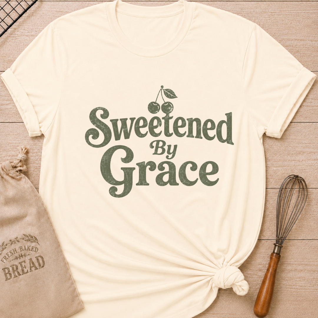 Natural women's relaxed fit t-shirt with the words Sweetened by Grace in playful vintage lettering and a cherry.