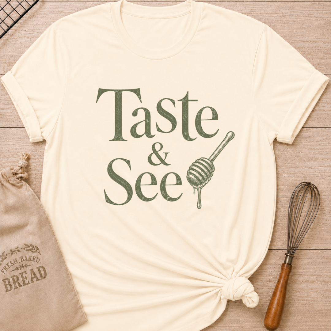 Natural women's relaxed fit t-shirt with the words Taste and See in vintage lettering and a dripping honey dipper.