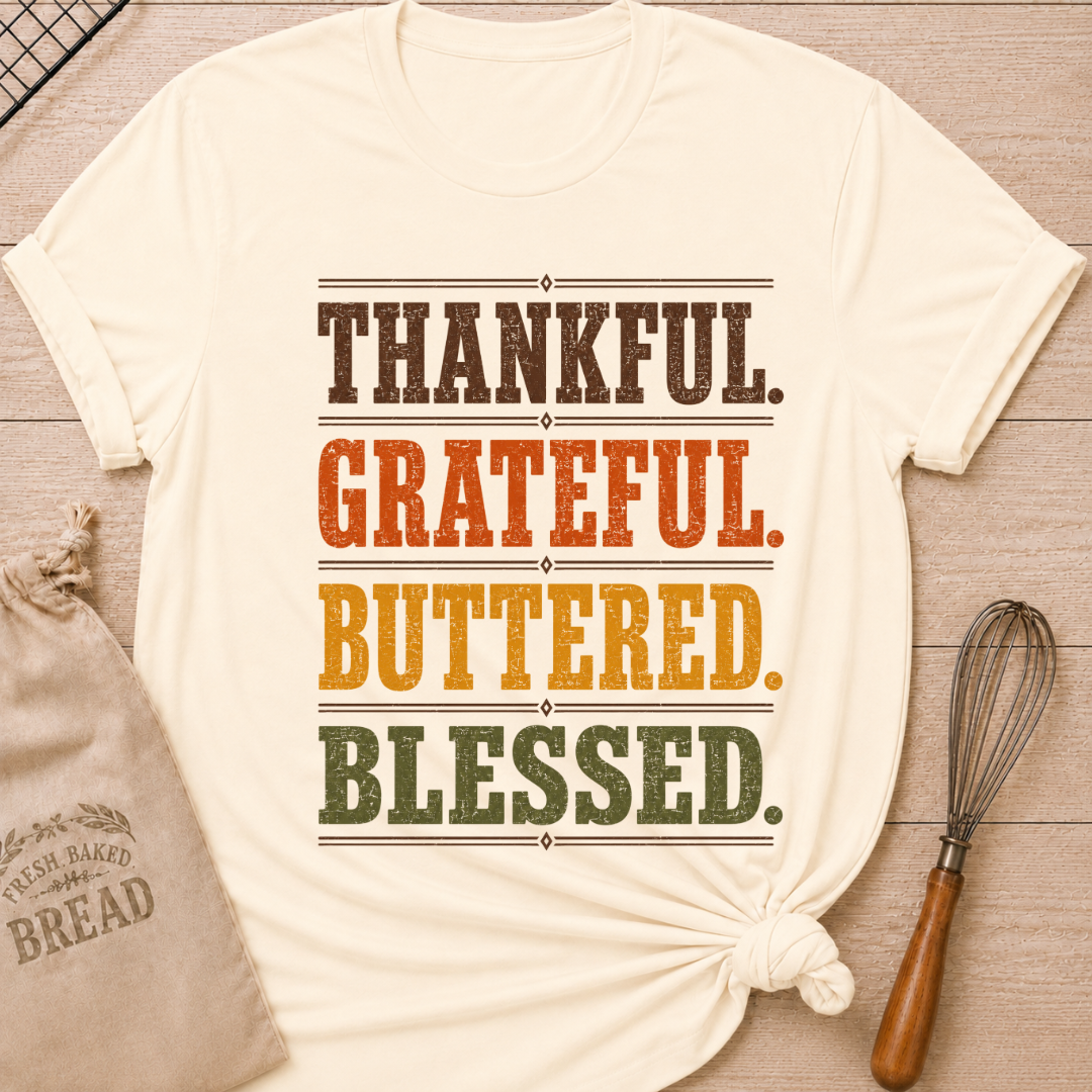 Natural women's relaxed fit tee with bold distressed Thankful Grateful Buttered Blessed lettering stacked in warm harvest brown, orange, gold and olive