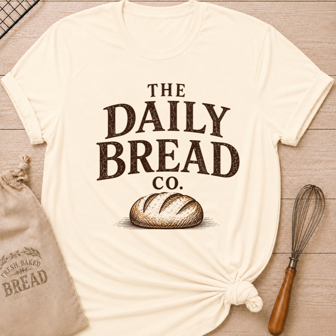 Natural The Daily Bread Co. women's relaxed fit tee with bold vintage lettering and a scored artisan loaf