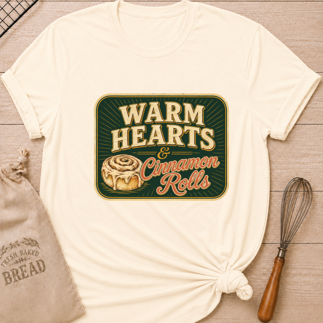 Natural women's relaxed fit t-shirt with the words Warm Hearts & Cinnamon Rolls in bold vintage lettering with a gooey iced cinnamon roll in a retro sign style.