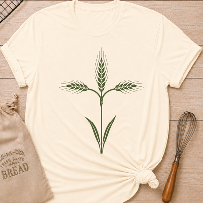 Natural women's relaxed fit t-shirt with a graceful cross formed from tied stalks of wheat.