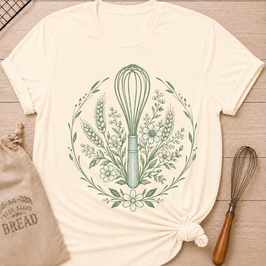 A Natural, cream-colored graphic t-shirt styled with a knotted hem, laid flat on a light wood background with a drawstring bread bag and a whisk. The shirt features a detailed botanical illustration of a kitchen whisk centered within a circular wreath of wildflowers, wheat stalks, daisies, and delicate foliage, all rendered in sage green line art.