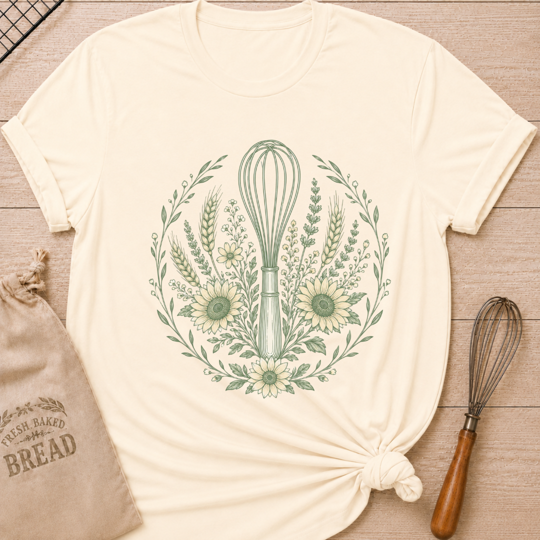 Natural Whisk, Wheat and Sunflowers women's relaxed fit tee with a kitchen whisk, golden wheat, sunflowers, and greenery