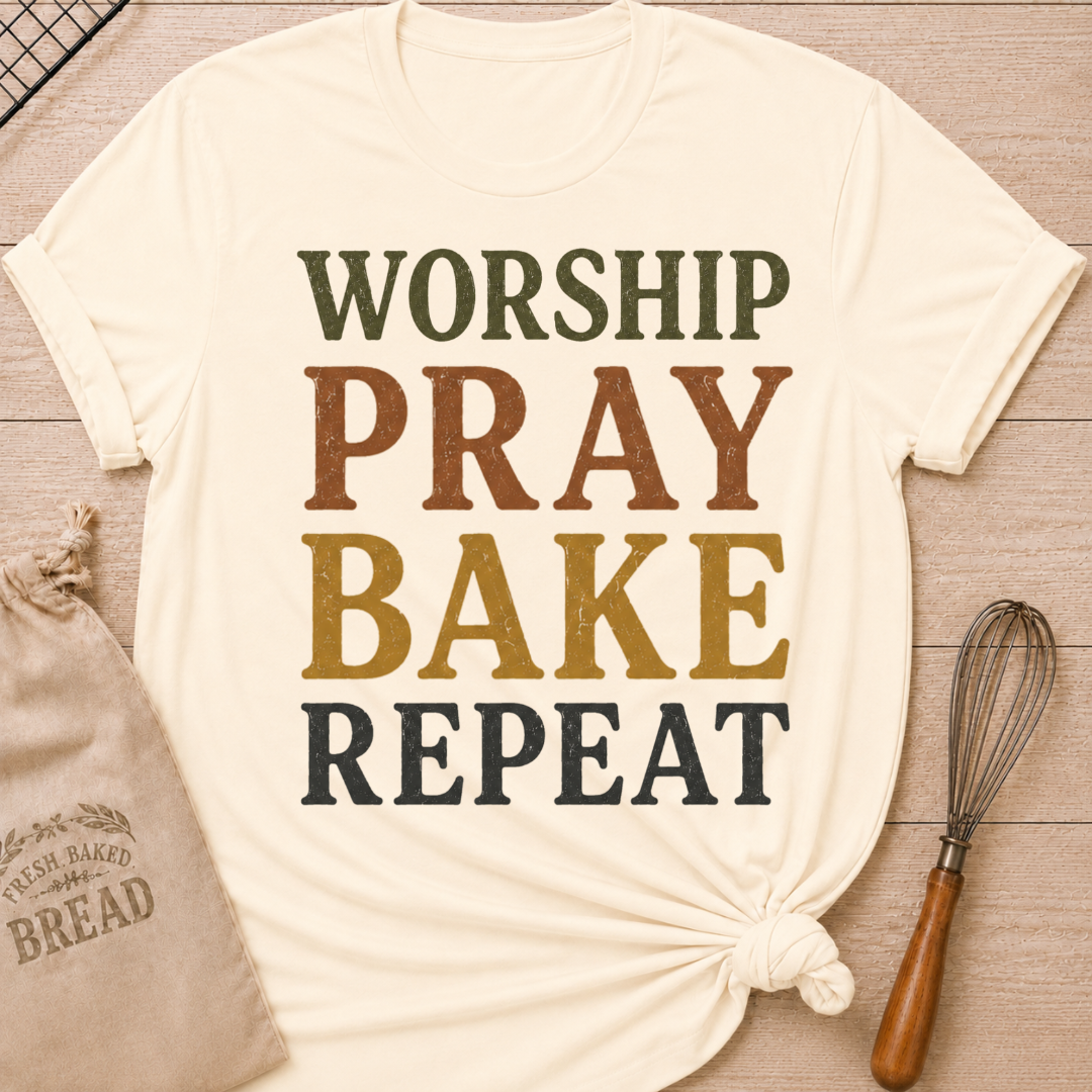 Natural Worship Pray Bake Repeat women's relaxed fit tee with bold stacked vintage typography in warm retro colors