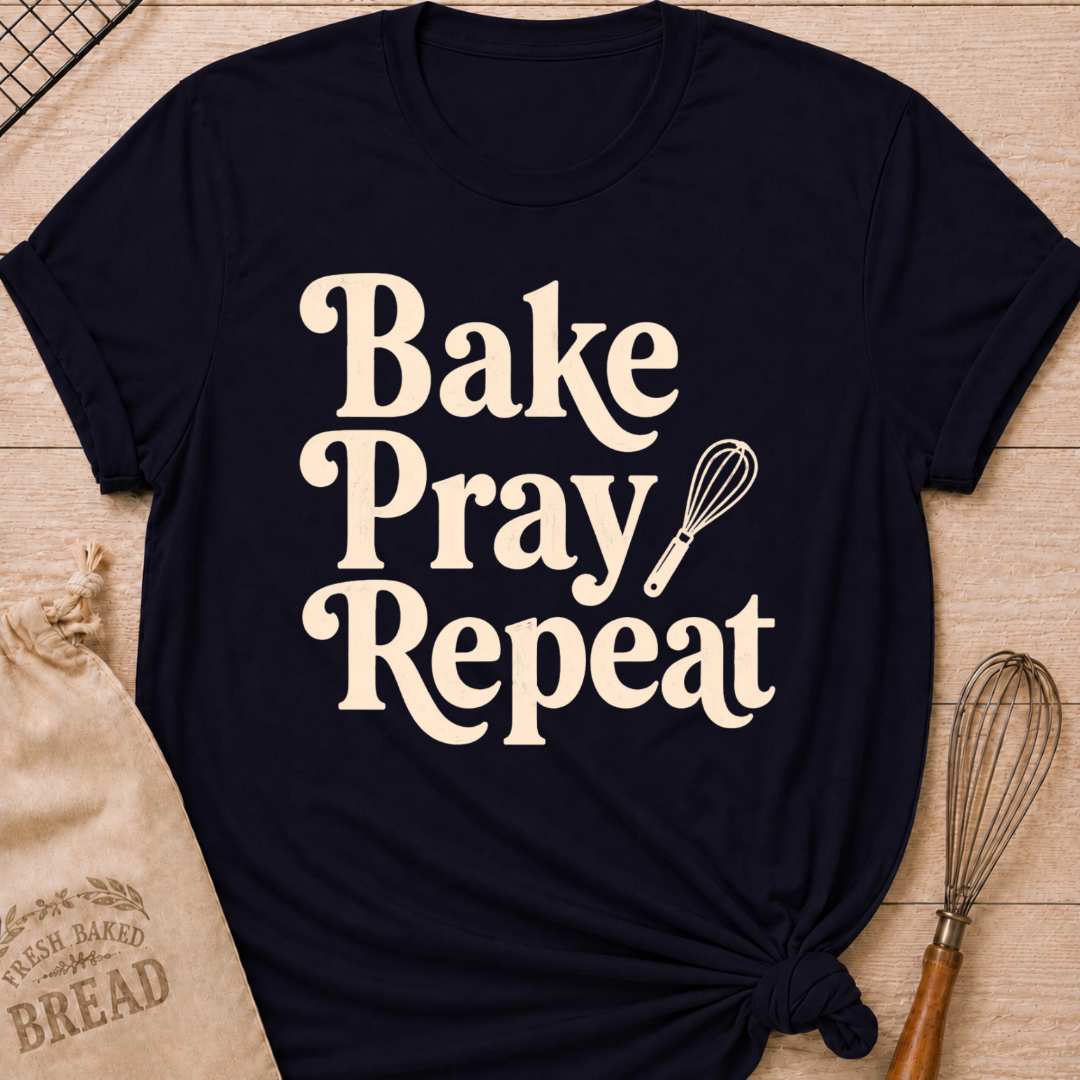 Navy women's relaxed fit t-shirt with the words Bake, Pray, Repeat in playful vintage lettering and a classic kitchen whisk.