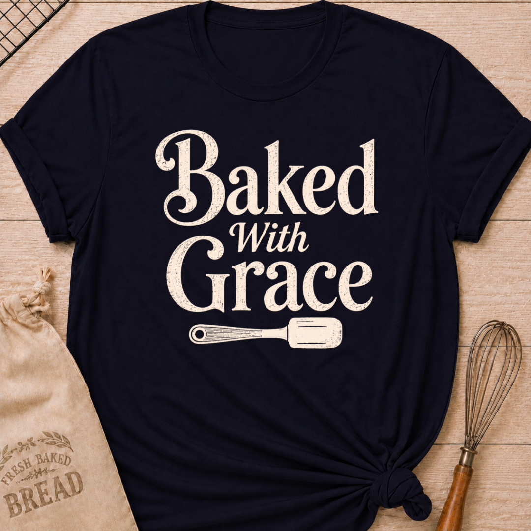 Navy Baked with Grace women's relaxed fit tee with bold vintage lettering and a classic baking spatula