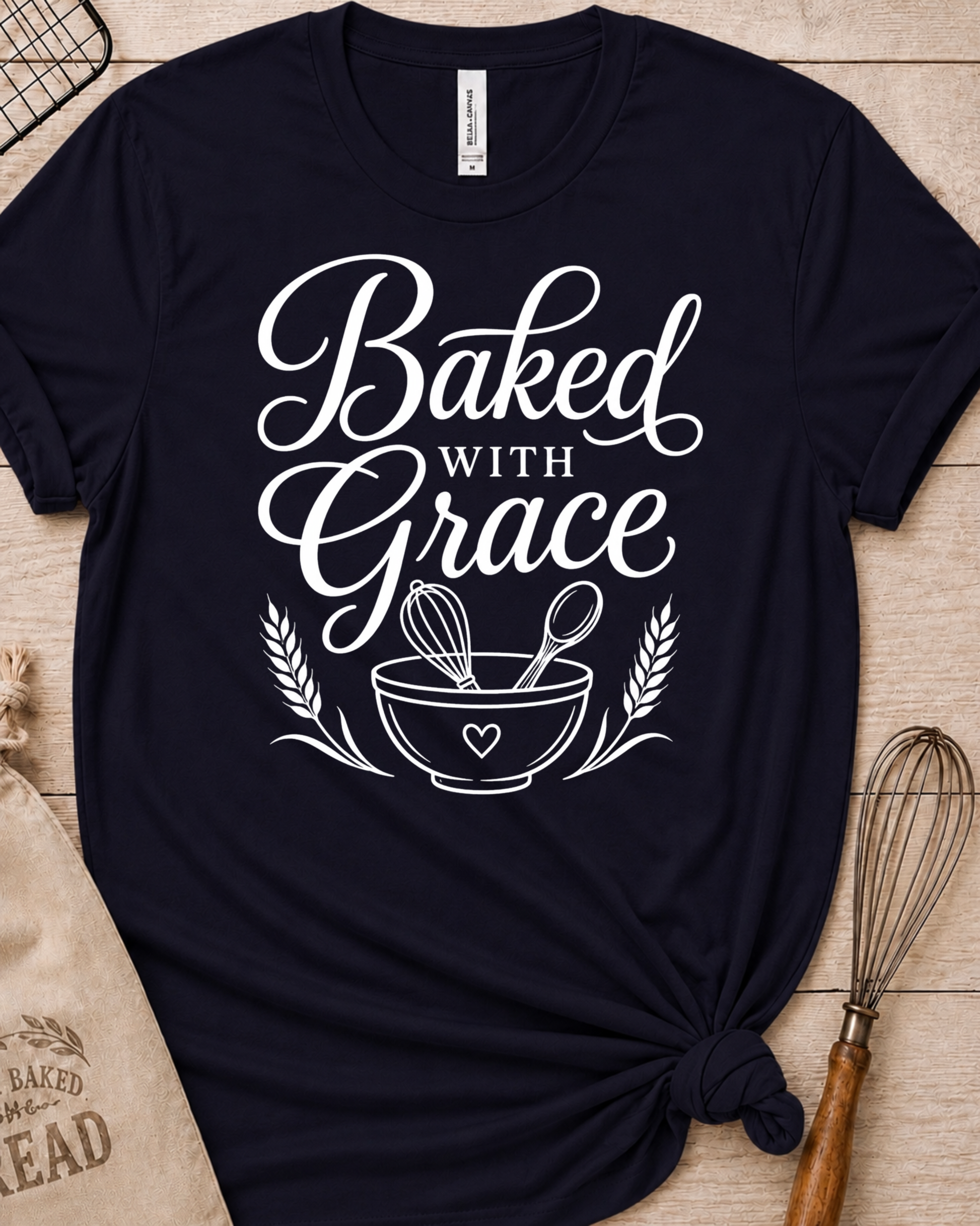 Navy women's relaxed fit t-shirt with Baked with Grace in white script above a mixing bowl with a whisk and wooden spoon.