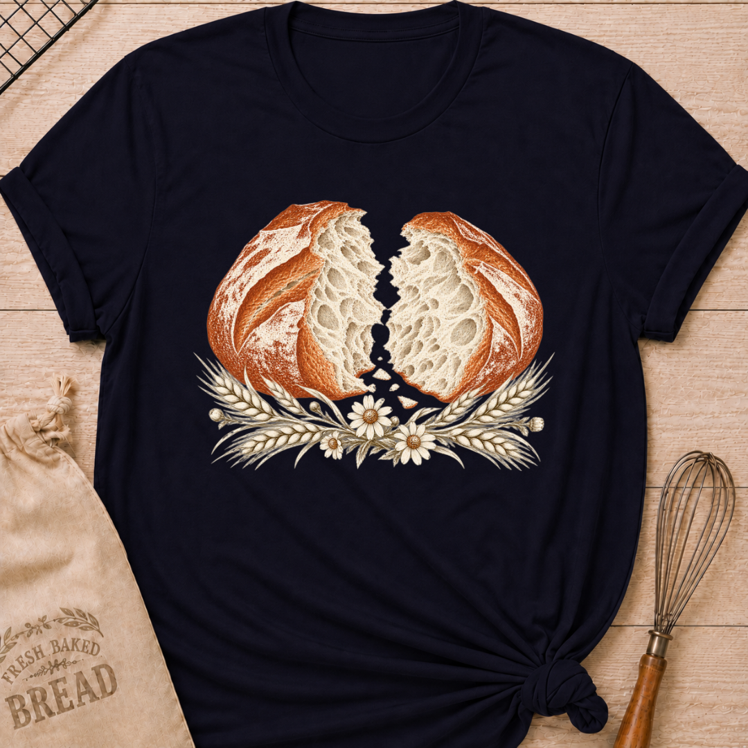 Navy women's relaxed fit tee with a torn artisan loaf showing its airy crumb, framed by wheat and delicate wildflowers