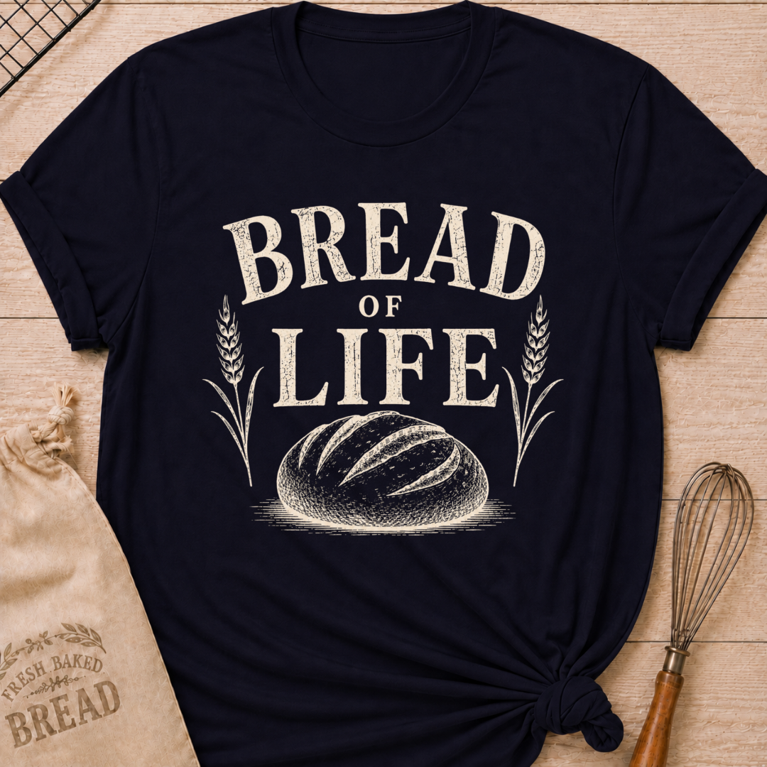 Navy Bread of Life women's relaxed fit tee with bold vintage lettering and a rustic loaf framed by wheat
