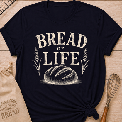 Navy Bread of Life women's relaxed fit tee with bold vintage lettering and a rustic loaf framed by wheat