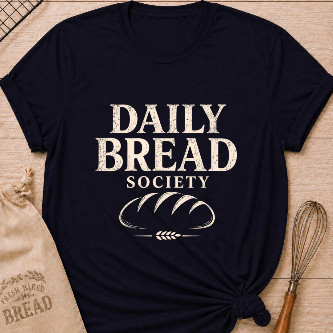 Navy women's relaxed fit t-shirt with the words Daily Bread Society in bold vintage lettering above a classic loaf and wheat.