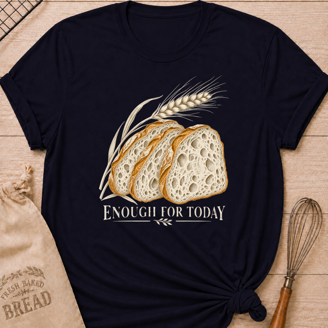 Navy women's relaxed fit tee with three rustic slices of artisan bread and a graceful stalk of wheat in a warm vintage style, with Enough for Today lettering
