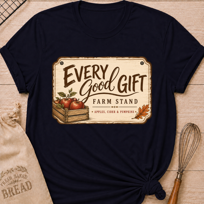 Navy women's relaxed fit tee with a vintage farm stand design, a wooden crate of apples, cider and pumpkins