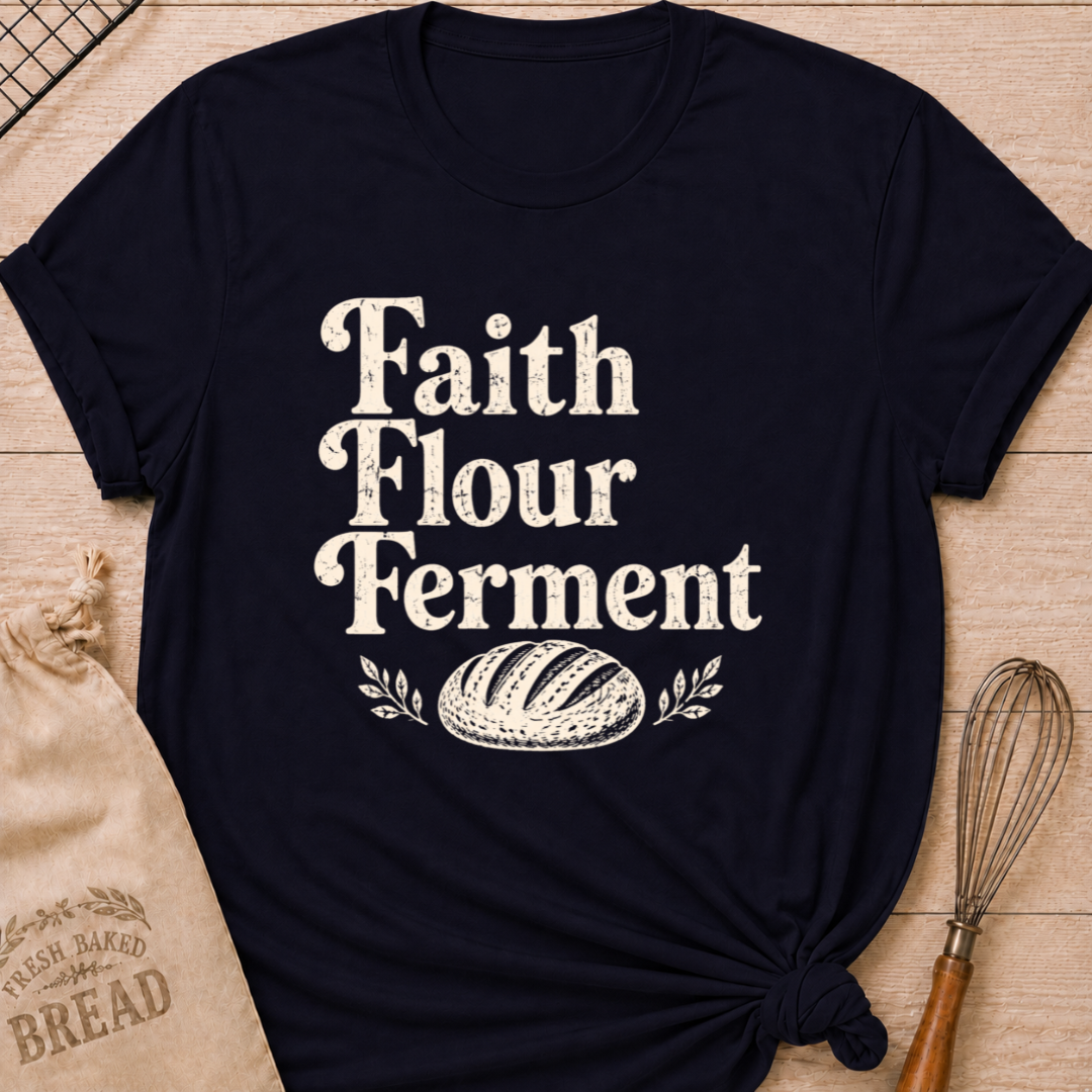 Navy women's relaxed fit t-shirt with the words Faith, Flour, Ferment in bold vintage lettering with a classic artisan loaf and subtle leafy accents.