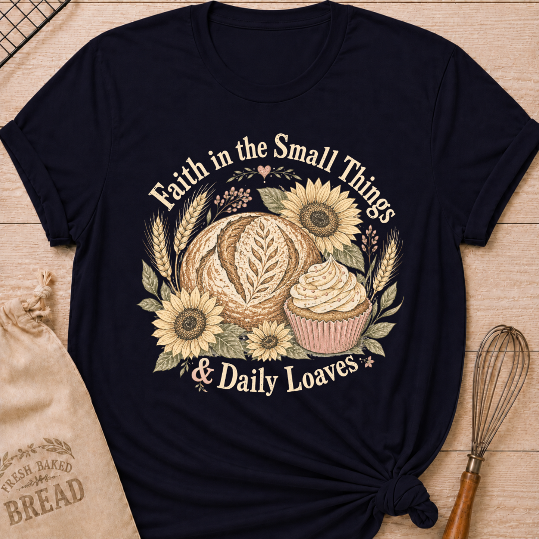 Navy Faith In The Small Things women's relaxed fit tee with artisan bread, a frosted cupcake, sunflowers, and wheat