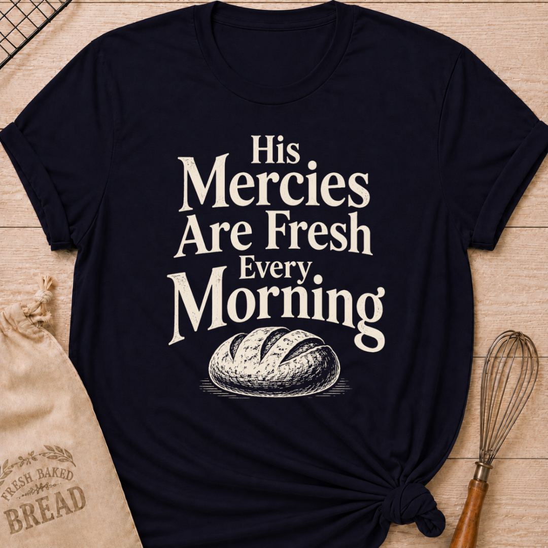 Navy women's relaxed fit t-shirt with the words His Mercies Are Fresh Every Morning above a rustic loaf of bread.