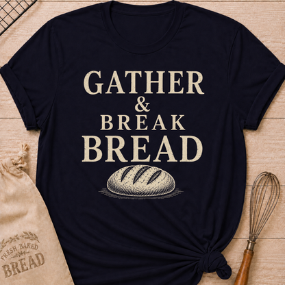 Navy Gather and Break Bread women's relaxed fit tee with bold vintage lettering and a rustic loaf of bread