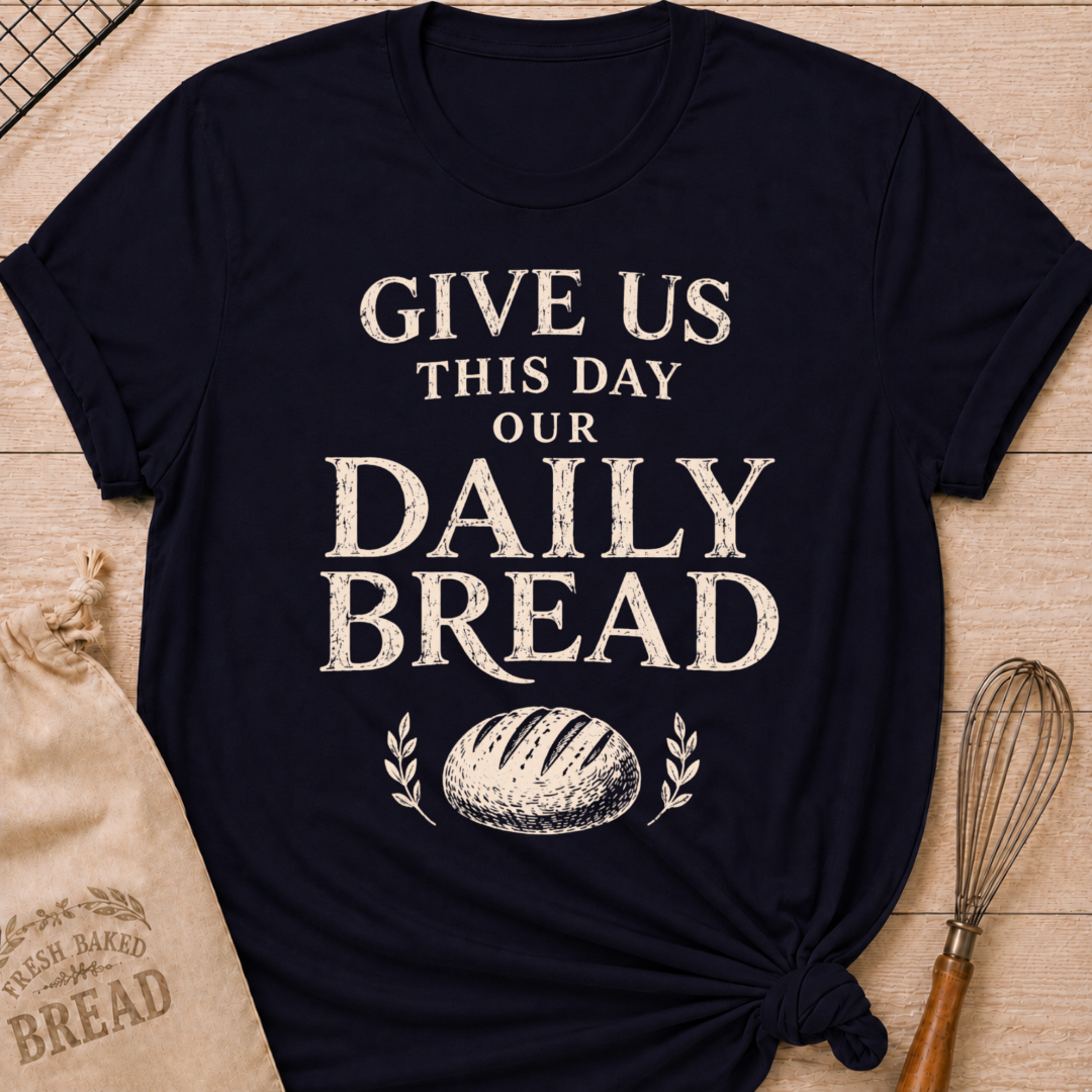 Navy women's relaxed fit t-shirt with the words Give Us This Day Our Daily Bread in bold vintage lettering above a rustic loaf and leafy accents.