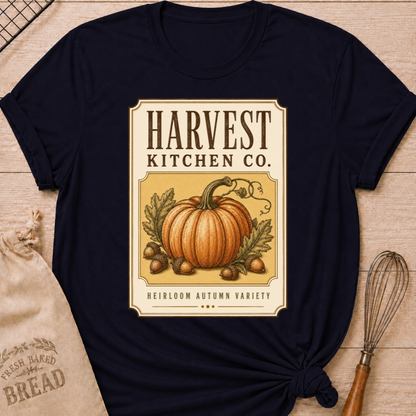 Navy women's relaxed fit tee with a vintage produce label design, an heirloom pumpkin, oak leaves and acorns