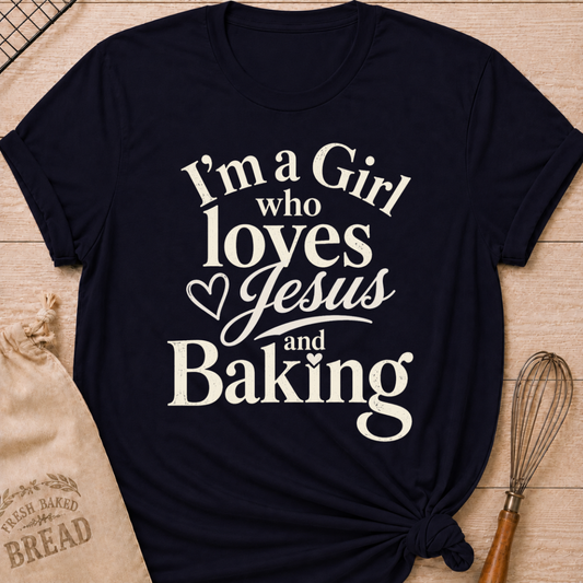 Navy I'm a Girl Who Loves Jesus and Baking women's relaxed fit tee with warm vintage typography