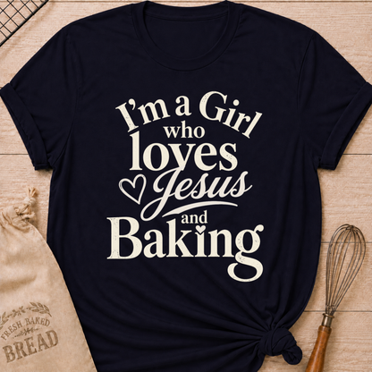 Navy I'm a Girl Who Loves Jesus and Baking women's relaxed fit tee with warm vintage typography